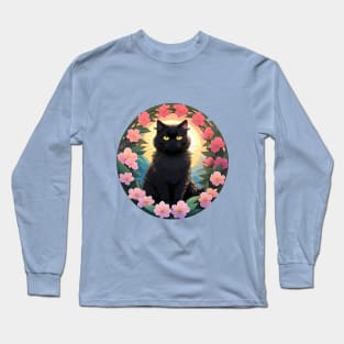 Black Cat Flower Wreath Long Sleeve T-Shirt